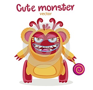 Color Monster With Candy. Ethnic Colorful Monster Funny Character With Lollipop. Cartoon Monster Mascot.