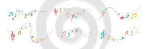 Color music notes. Musical notation lines with note symbols, song waves and musically rainbow vector illustration set