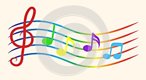 Color Music Notes on Staves. Vector Illustration