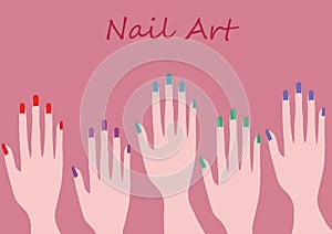 Color nail design and art with five manicure hands illustration