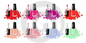 Color nail polish in glass bottle open lid and closed and color blot of nail polish.