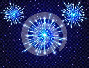 Color neon fireworks in the night sky. Bright fireworks on transparent background. New Year design. Blue star burst