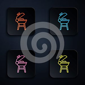 Color neon line Barbecue grill icon isolated on black background. BBQ grill party. Set icons in square buttons. Vector