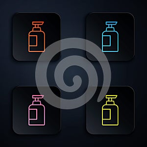 Color neon line Bottle of shampoo icon isolated on black background. Set icons in square buttons. Vector photo