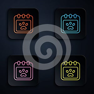 Color neon line Calendar grooming icon isolated on black background. Event reminder symbol. Set icons in square buttons