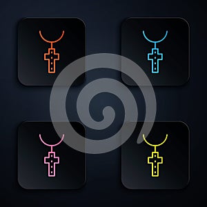 Color neon line Christian cross on chain icon isolated on black background. Church cross. Set icons in square buttons