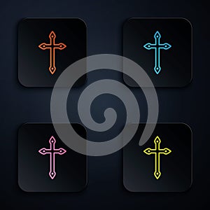 Color neon line Christian cross icon isolated on black background. Church cross. Set icons in square buttons. Vector