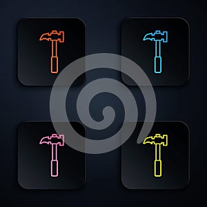 Color neon line Claw hammer icon isolated on black background. Carpenter hammer. Tool for repair. Set icons in square