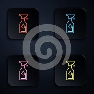 Color neon line Cleaning spray bottle with detergent liquid icon isolated on black background. Set icons in square