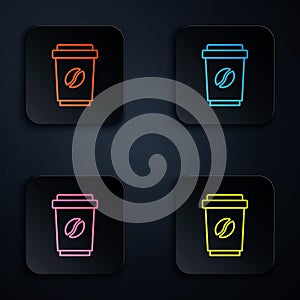 Color neon line Coffee cup to go icon isolated on black background. Set icons in square buttons. Vector