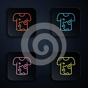 Color neon line Dirty t-shirt icon isolated on black background. Set icons in square buttons. Vector photo