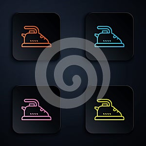 Color neon line Electric iron icon isolated on black background. Steam iron. Set icons in square buttons. Vector