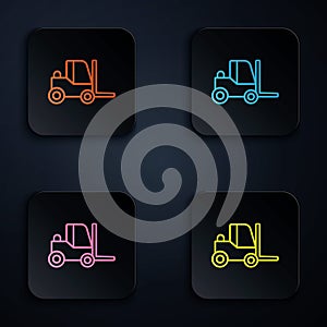 Color neon line Forklift truck icon isolated on black background. Fork loader and cardboard box. Cargo delivery