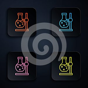 Color neon line Glass test tube flask on stand icon isolated on black background. Laboratory equipment. Set icons in