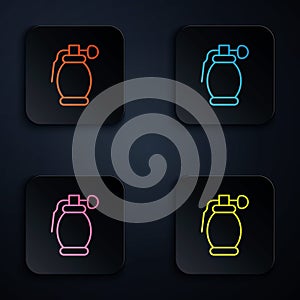 Color neon line Hand grenade icon isolated on black background. Bomb explosion. Set icons in square buttons. Vector