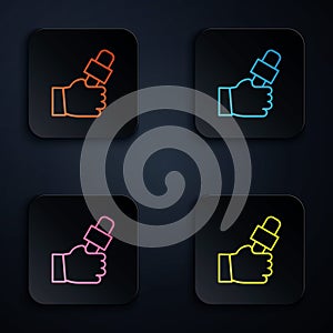 Color neon line Journalist hand holding microphones performing interview icon isolated on black background. Set icons in