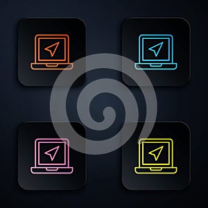 Color neon line Laptop with location marker icon isolated on black background. Set icons in square buttons. Vector