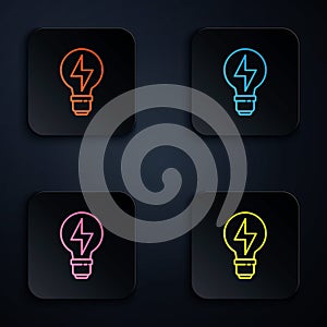 Color neon line Light bulb with lightning symbol icon isolated on black background. Light lamp sign. Idea symbol. Set