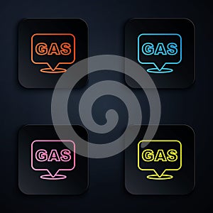 Color neon line Location and petrol or gas station icon isolated on black background. Car fuel symbol. Gasoline pump