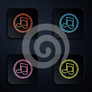 Color neon line Music note, tone icon isolated on black background. Set icons in square buttons. Vector