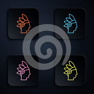 Color neon line Native American Indian icon isolated on black background. Set icons in square buttons. Vector