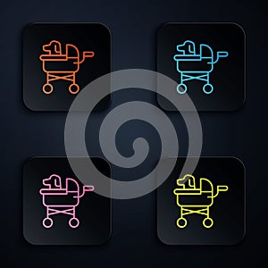 Color neon line Pet stroller icon isolated on black background. Set icons in square buttons. Vector