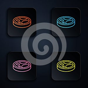 Color neon line Petri dish with bacteria icon isolated on black background. Set icons in square buttons. Vector photo