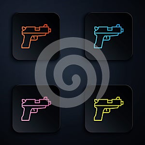 Color neon line Pistol or gun icon isolated on black background. Police or military handgun. Small firearm. Set icons in