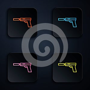 Color neon line Pistol or gun with silencer icon isolated on black background. Set icons in square buttons. Vector