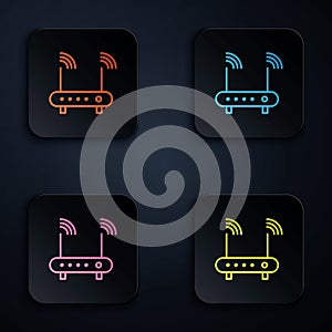 Color neon line Router and wi-fi signal symbol icon isolated on black background. Wireless ethernet modem router