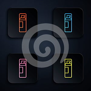 Color neon line Shaving gel foam icon isolated on black background. Shaving cream. Set icons in square buttons. Vector