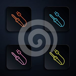 Color neon line Soldering iron icon isolated on black background. Set icons in square buttons. Vector