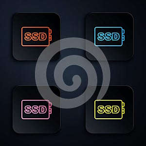 Color neon line SSD card icon isolated on black background. Solid state drive sign. Storage disk symbol. Set icons in