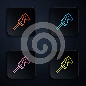 Color neon line Toy horse icon isolated on black background. Set icons in square buttons. Vector