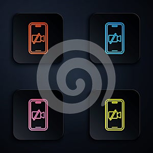 Color neon line Video camera Off on mobile screen icon isolated on black background. No video. Set icons in square