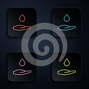 Color neon line Washing hands with soap icon isolated on black background. Washing hands with soap to prevent virus and