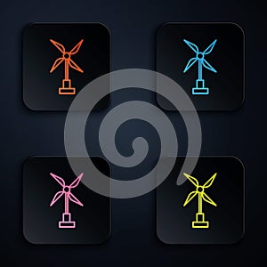 Color neon line Wind turbine icon isolated on black background. Wind generator sign. Windmill for electric power