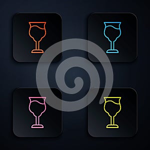 Color neon line Wine glass icon isolated on black background. Wineglass sign. Set icons in square buttons. Vector