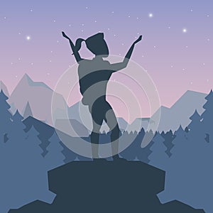 Color night landscape silhouette of climber woman celebrating at the top of mountain