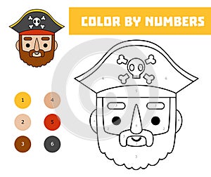 Color by number, education game for children, Cute cartoon pirate captain face