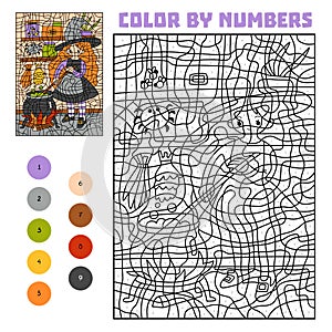 Color by number, education game, Witch and cauldron with magic potion