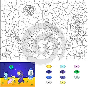 Color by number educational game for kids. Astronaut and aliens