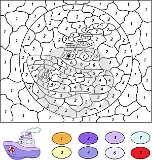 Color by number educational game for kids. Cartoon steamship.