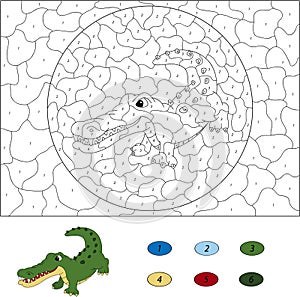 Color by number educational game for kids. Funny cartoon crocodile. Vector illustration