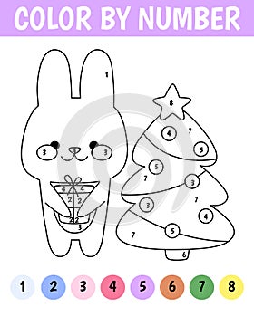 Color by number game for kids. Kawaii rabbit with gift and christmas tree. Bunny is a symbol of the year 2023. Printable