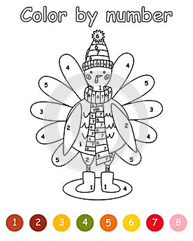 Color by number game for kids. Pilgrim Turkey Thanksgiving. Bird animal character in a hat, a scarf and ugg. Printable