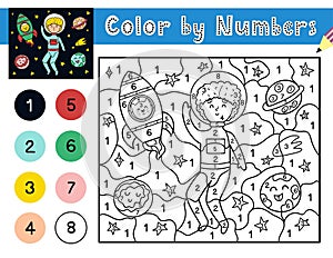 Color by number game. Space activity page for kids. Cute astronaut boy with rockets and planets
