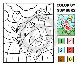 Color by number. Pink nestling with flower. Coloring page. Game for kids. Cartoon, vector