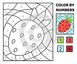 Color by number. Strawberry. Big red strawberry. Coloring page. Game for kids. Cartoon, vector