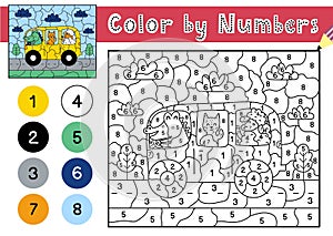 Color by numbers game for kids. Coloring page with cute crocodile, cat and sheep driving a bus